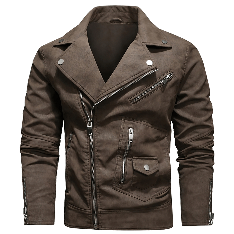 Stylish vintage men's PU leather biker jacket with zippers and a trendy fit, perfect for motorcycle enthusiasts.