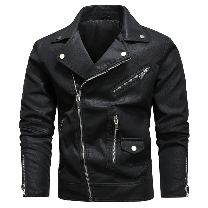 Men's vintage black PU leather biker jacket with zippers on sleeves and stylish lapels, perfect for motorcycle enthusiasts.