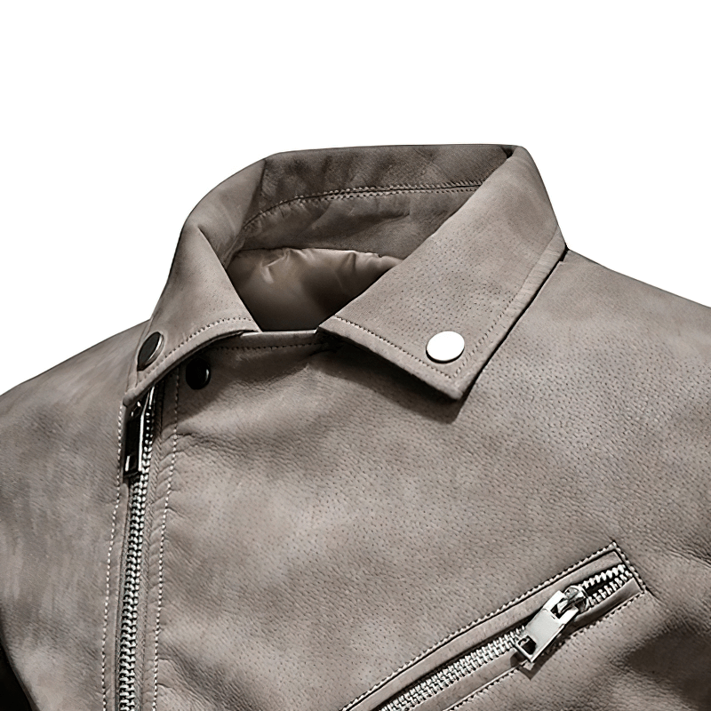 Close-up of a vintage men's PU leather jacket featuring a stylish collar and zipper details.