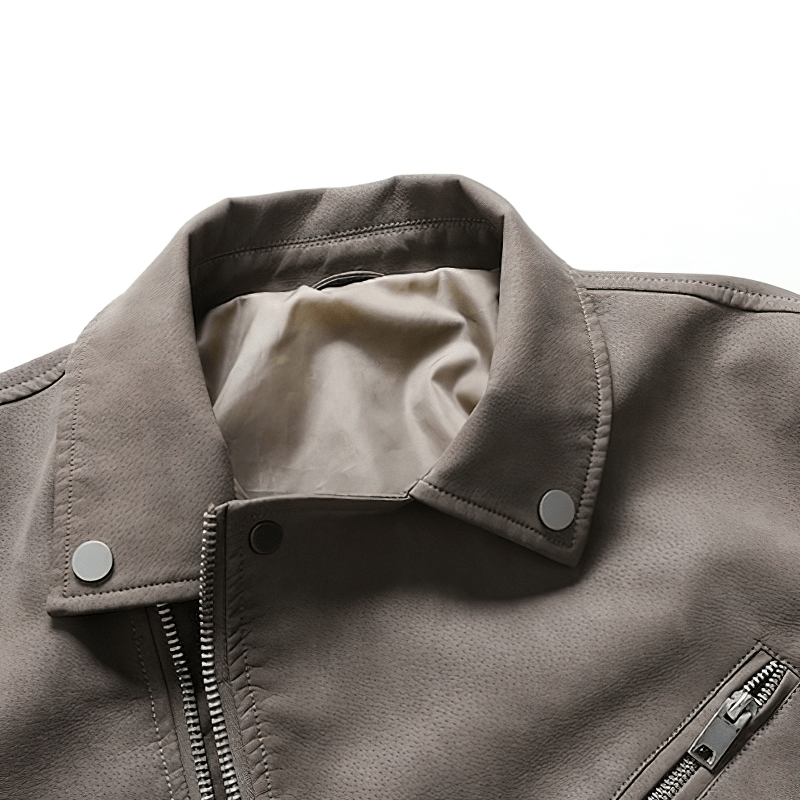 Close-up of a vintage men's PU leather biker jacket collar with snap buttons and zipper details.