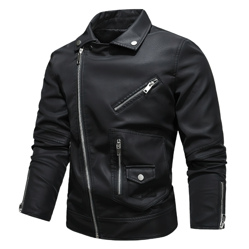 Vintage men's black PU leather motorcycle jacket with zippers and stylish biker design.
