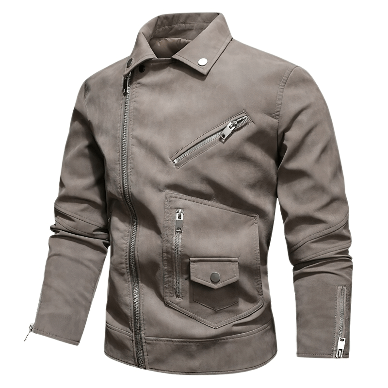 Men's vintage PU leather biker jacket with zippers on sleeves, perfect for stylish motorcycle enthusiasts.