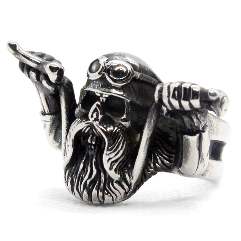 Vintage men's biker skull ring featuring a detailed skeleton with tools, perfect for rock style and motorcycle enthusiasts.