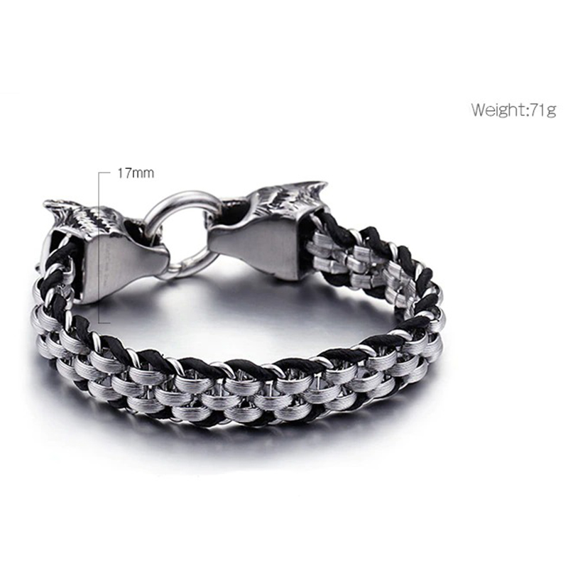Vintage men's stainless steel bracelet with wolf head lock, stylish casual accessory for men.
