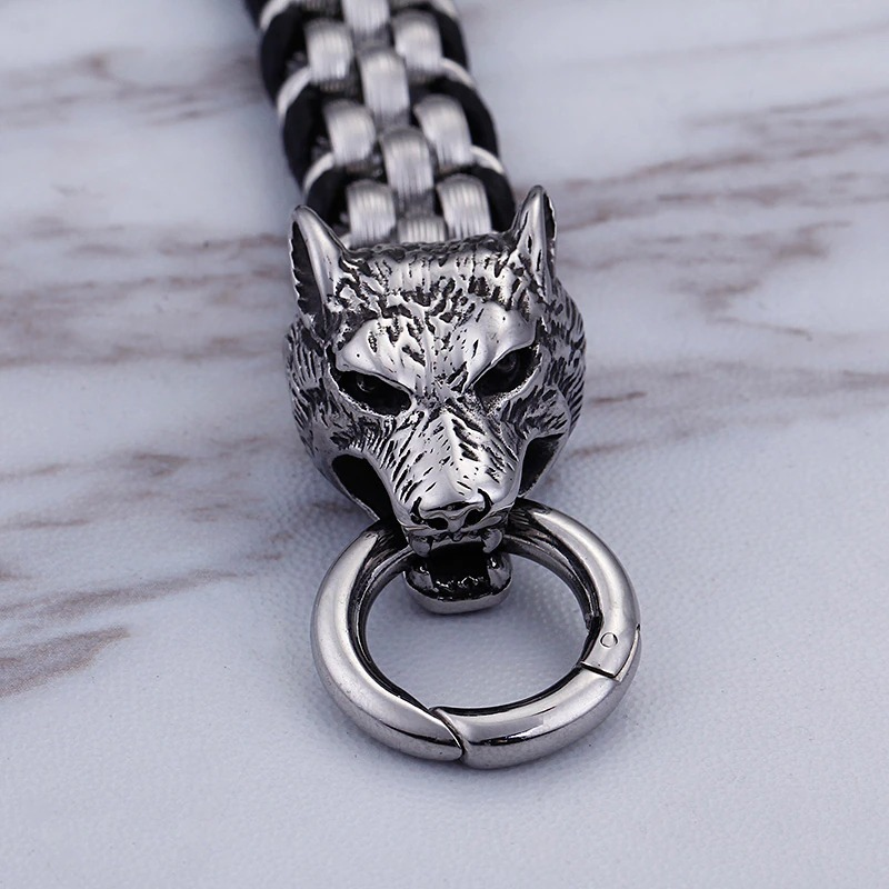 Vintage Men's Stainless Steel Cowhide Leather Bracelet with Wolf Head / Fashion Male Jewelry - HARD'N'HEAVY