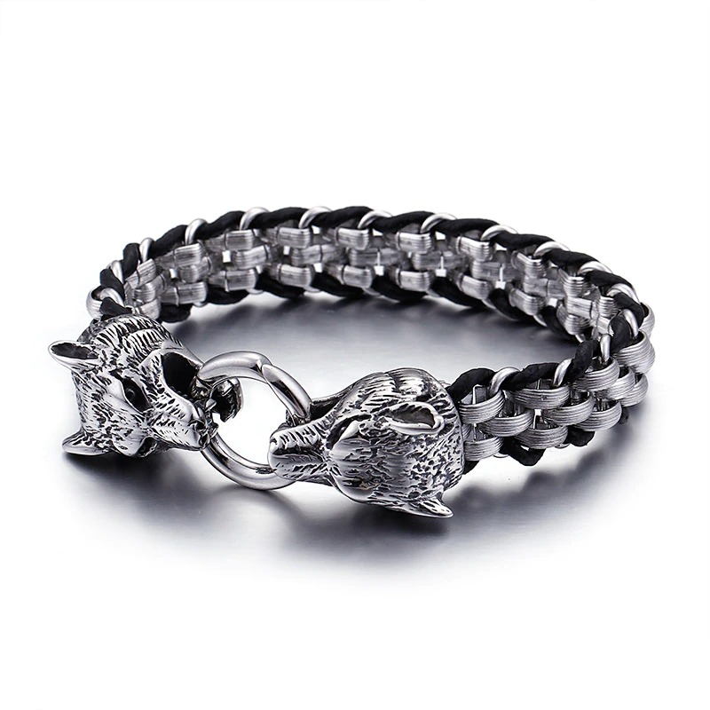 Vintage men's stainless steel bracelet with wolf head design and cowhide leather, perfect for stylish casual wear.