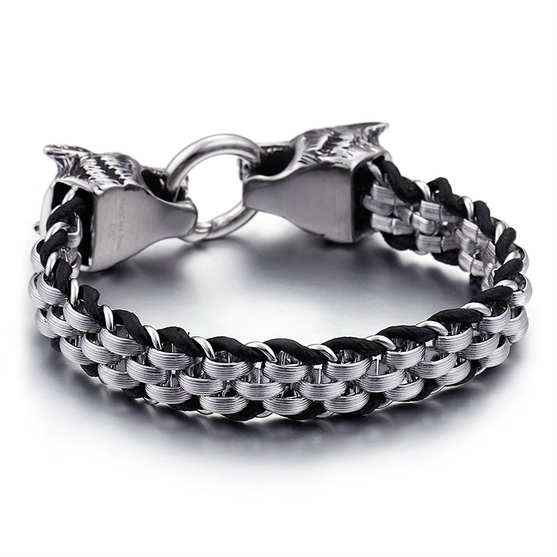 Vintage men's stainless steel bracelet with wolf head clasp, perfect for adding style to casual looks.