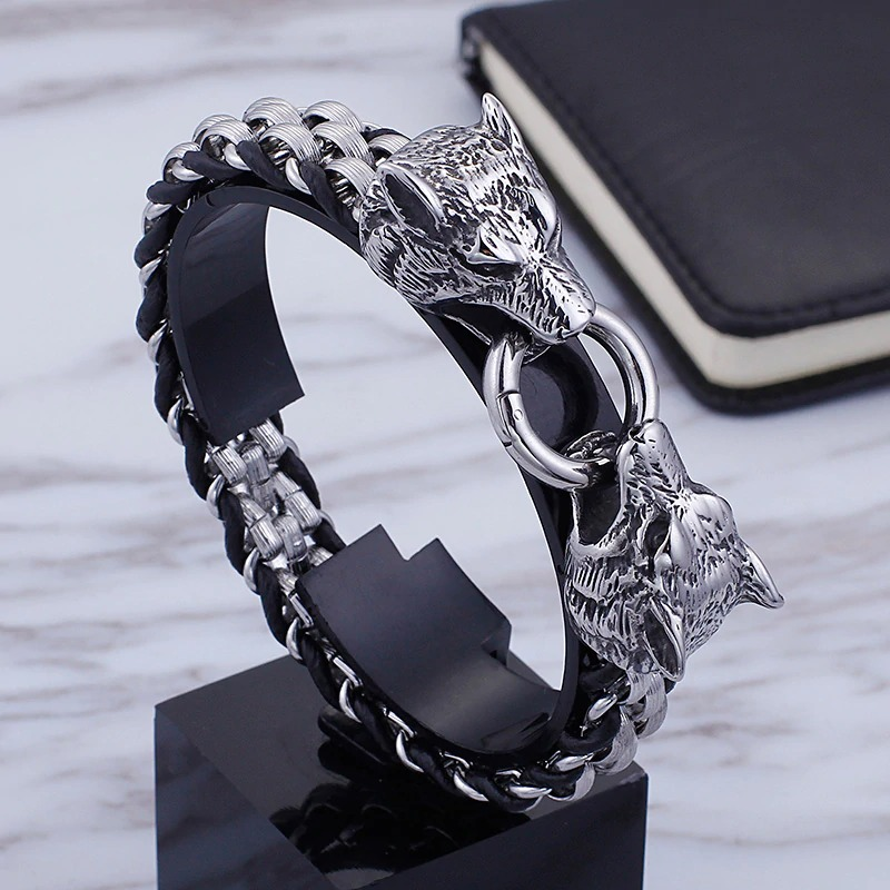 Vintage men's stainless steel bracelet with wolf heads, stylish accessory for casual looks.