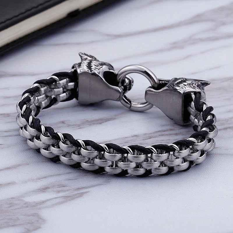 Vintage Men's Stainless Steel Cowhide Leather Bracelet with Wolf Head / Fashion Male Jewelry - HARD'N'HEAVY