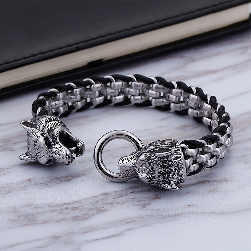 Vintage men's stainless steel bracelet with wolf head design, perfect for adding style to casual outfits.