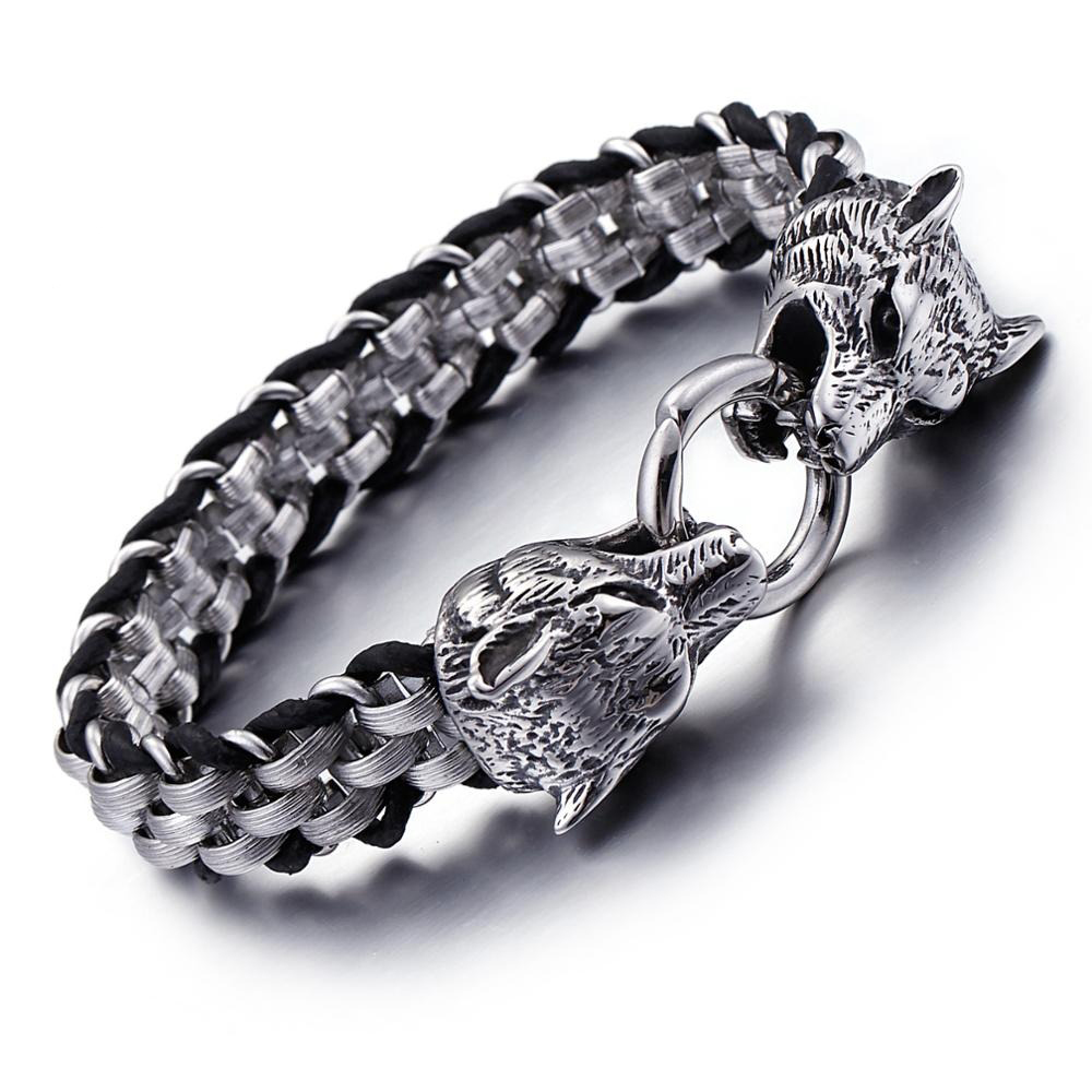 Vintage men's stainless steel bracelet featuring unique wolf head clasp, perfect for stylish casual looks.