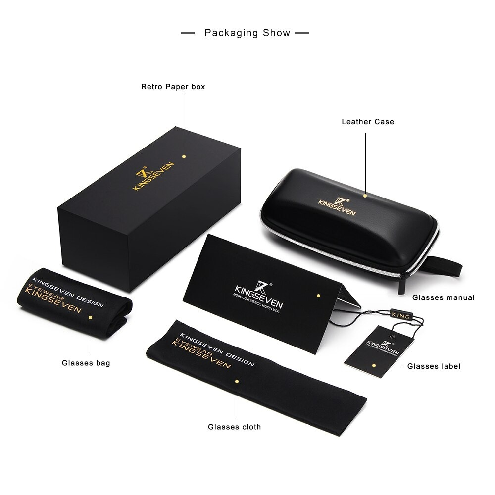 Stylish packaging for KINGSEVEN sunglasses showing leather case, retro box, glasses cloth, and manual.