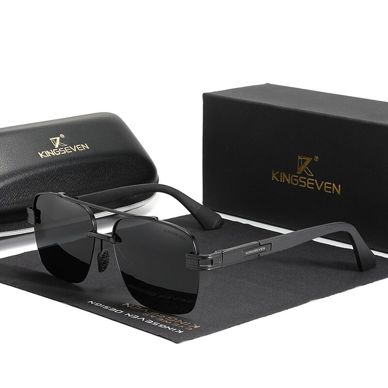 Stylish black vintage sunglasses for men with rock style, featured with a protective case and cloth.