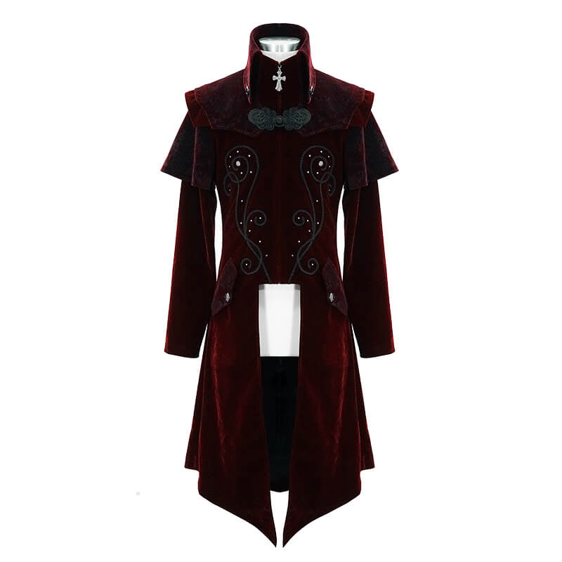 Vintage Men's Wine Red Long Velvet Coat / Gothic Coats with Zipper Front With Cross Accents - HARD'N'HEAVY