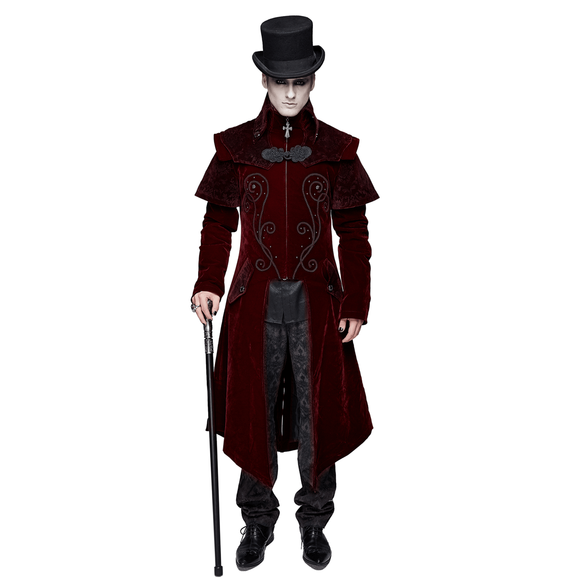 Vintage Men's Wine Red Long Velvet Coat / Gothic Coats with Zipper Front With Cross Accents - HARD'N'HEAVY
