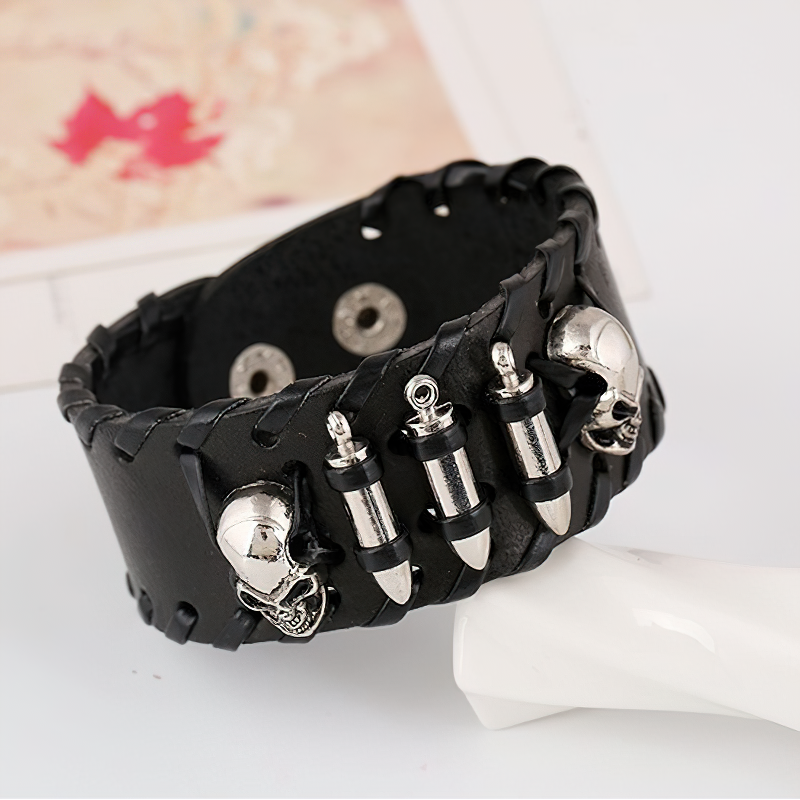 Vintage metal skull leather bracelet for men and women, featuring rock-style accents and a comfortable wrap design.
