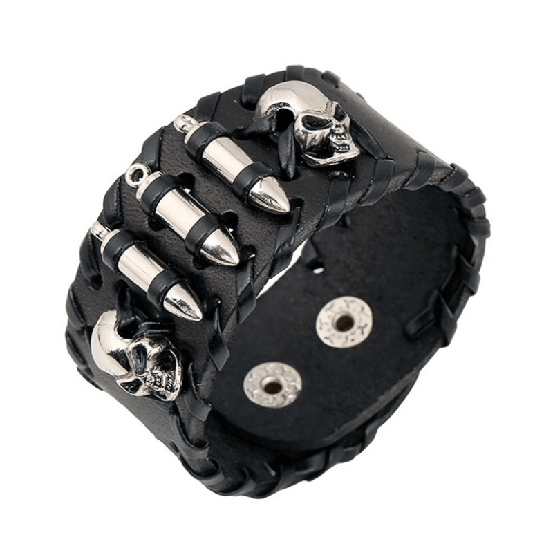 Vintage metal skull leather bracelet for men and women, perfect for rock style outfits.