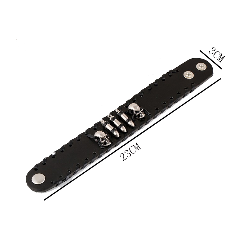 Vintage metal skull leather bracelet for men and women, 23cm long, 3cm wide, perfect for rock style outfits.