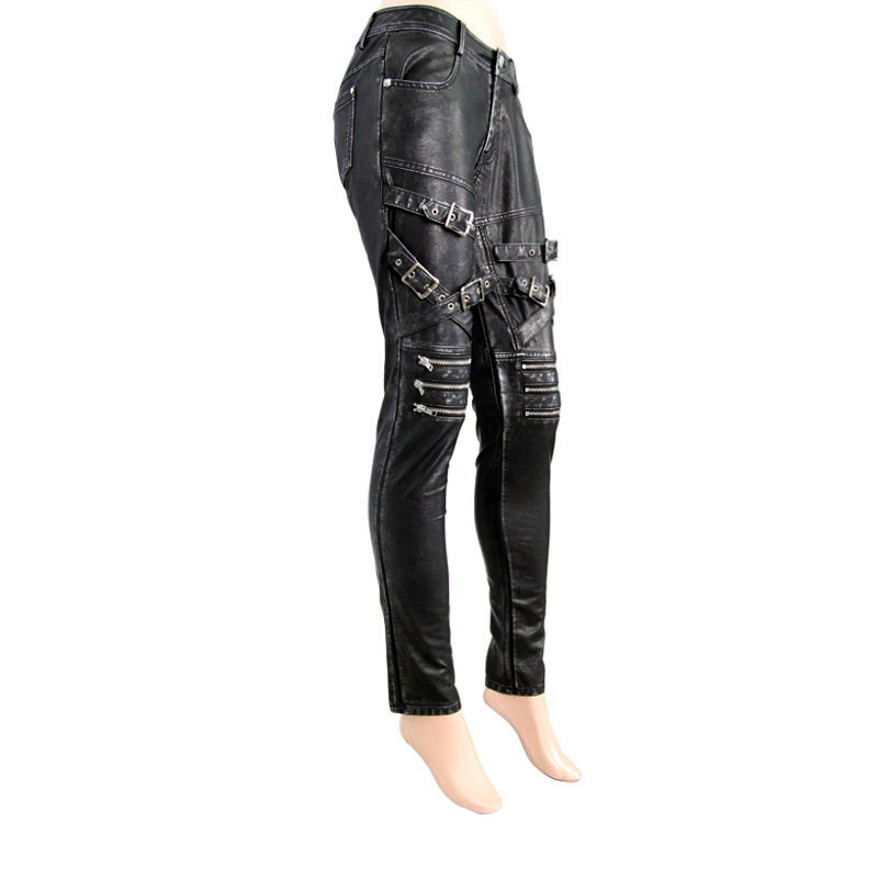 Vintage Motorcycle Skinny Pants with Buckles/ Punk Female PU Leather Leggings - HARD'N'HEAVY