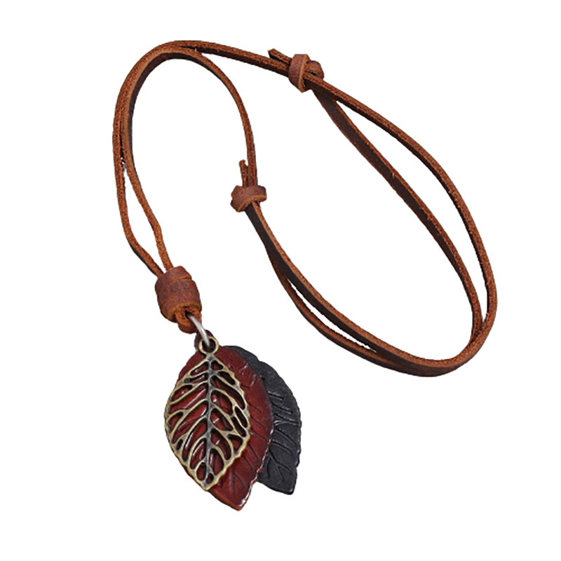 Vintage leather necklace with tree leaf pendant, featuring a unique punk style design in brown and red shades.
