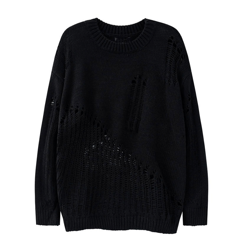 Vintage O-Neck Hollow Knitted Sweater / Solid Color Ripped Oversized Jumper