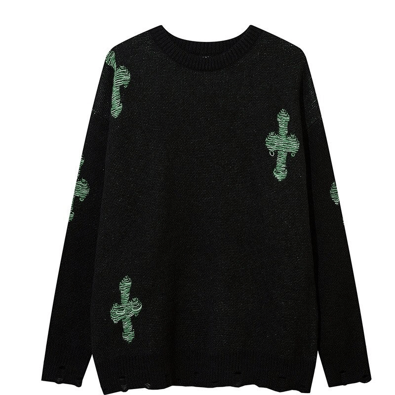 Vintage O-Neck Knit Sweater with Crosses / Fashion Loose Ripped Black Pullover