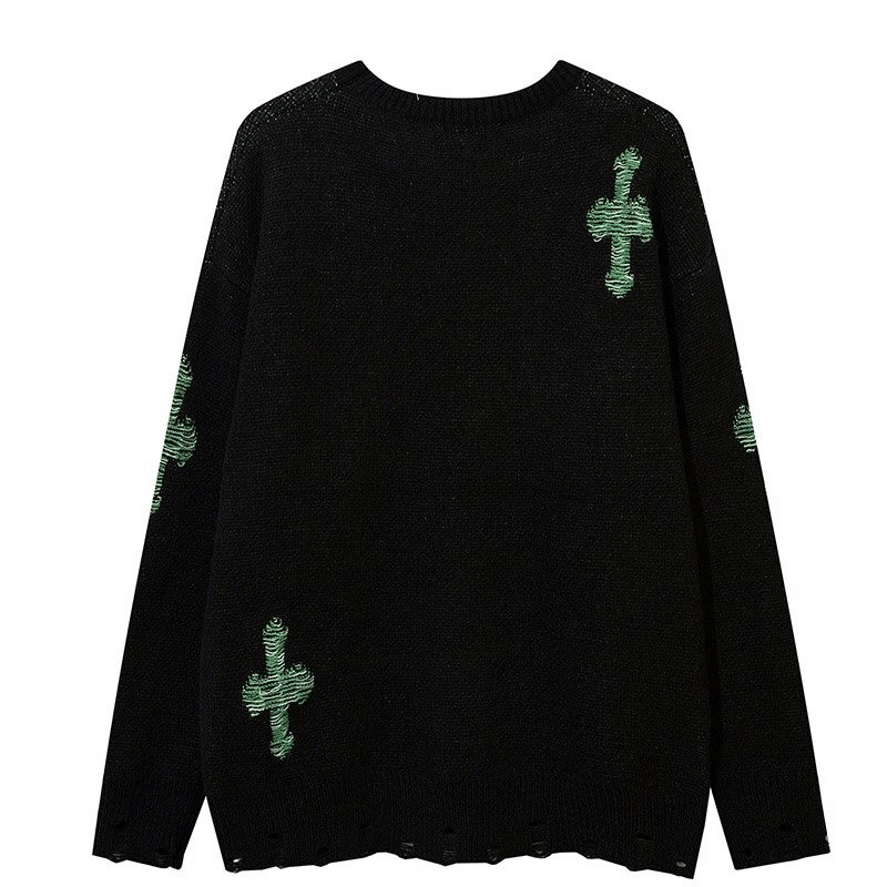 Vintage O-Neck Knit Sweater with Crosses / Fashion Loose Ripped Black Pullover