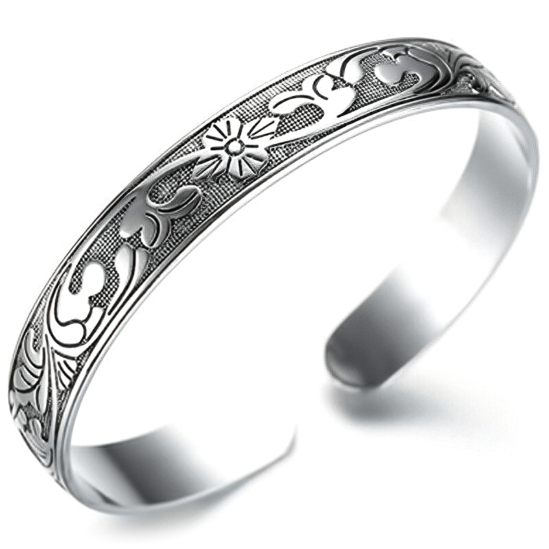 Vintage Open Bangle with Ethnic Floral Pattern / Metal Bracelet in Silver Color / Women's Jewelry