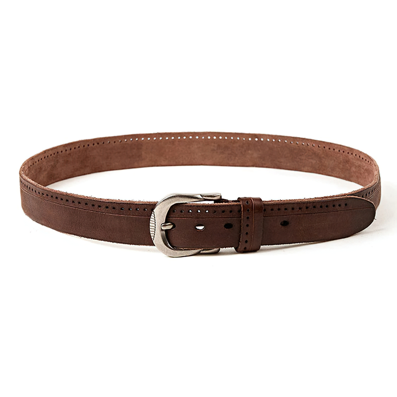 Vintage men's leather belt in brown with silver buckle, perfect casual accessory for jeans and stylish outfits.