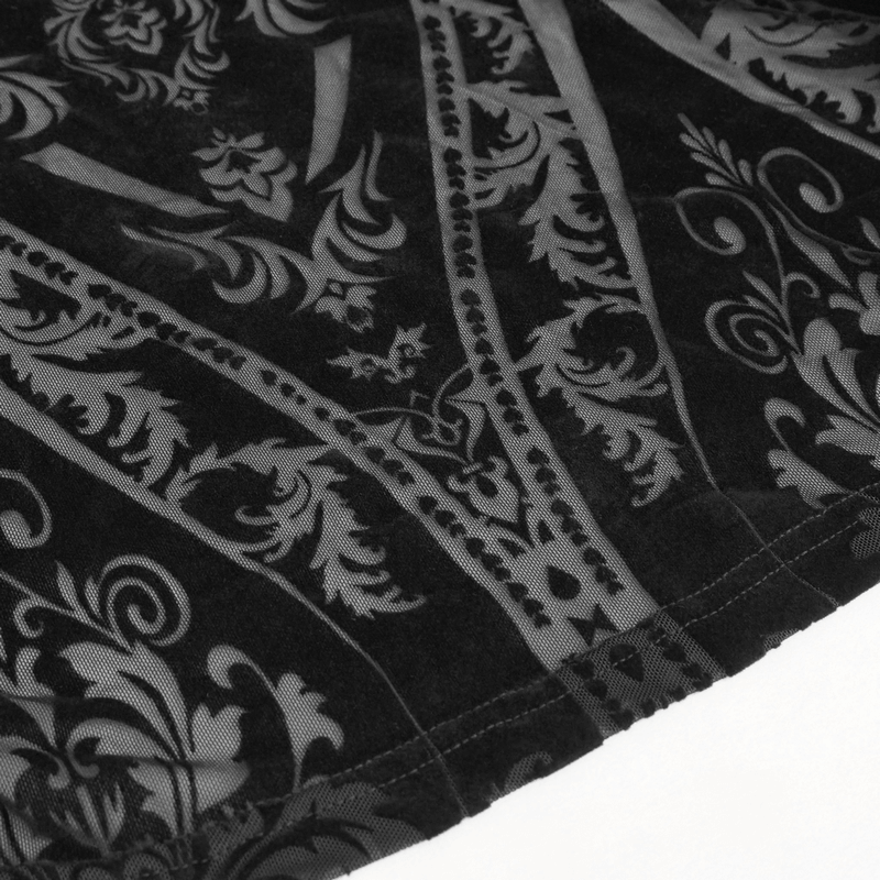 Close-up of vintage punk pattern fabric featuring intricate designs, perfect for an off-shoulder loose dress.