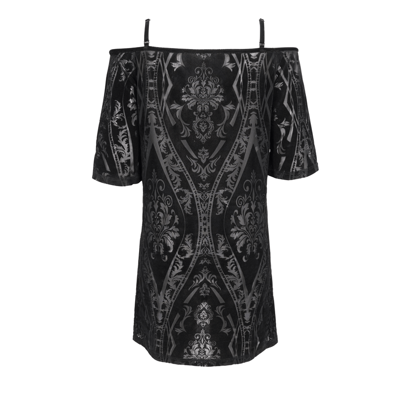 Vintage off-shoulder loose dress with punk style, featuring a black patterned fabric and short sleeves.