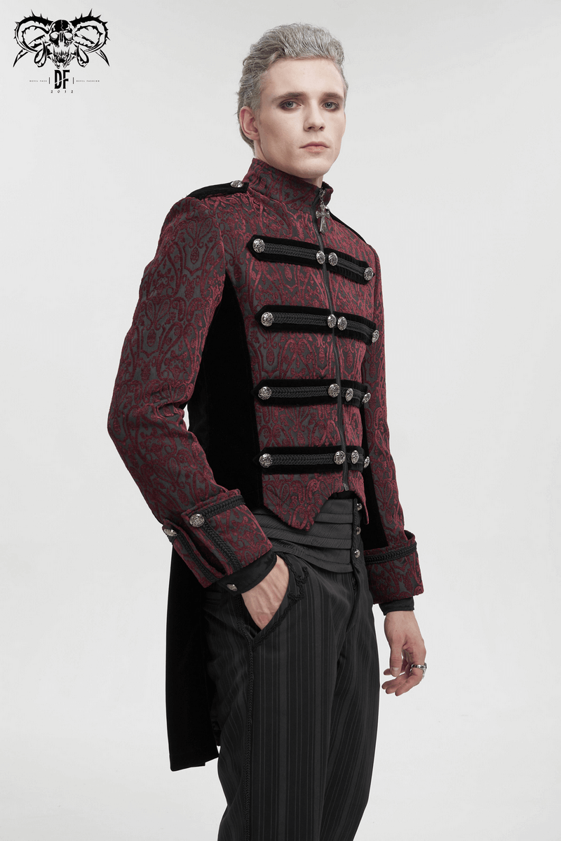 Men's vintage gothic tailcoat with patterned design and cross pendant zipper, perfect for a standout gothic wardrobe.