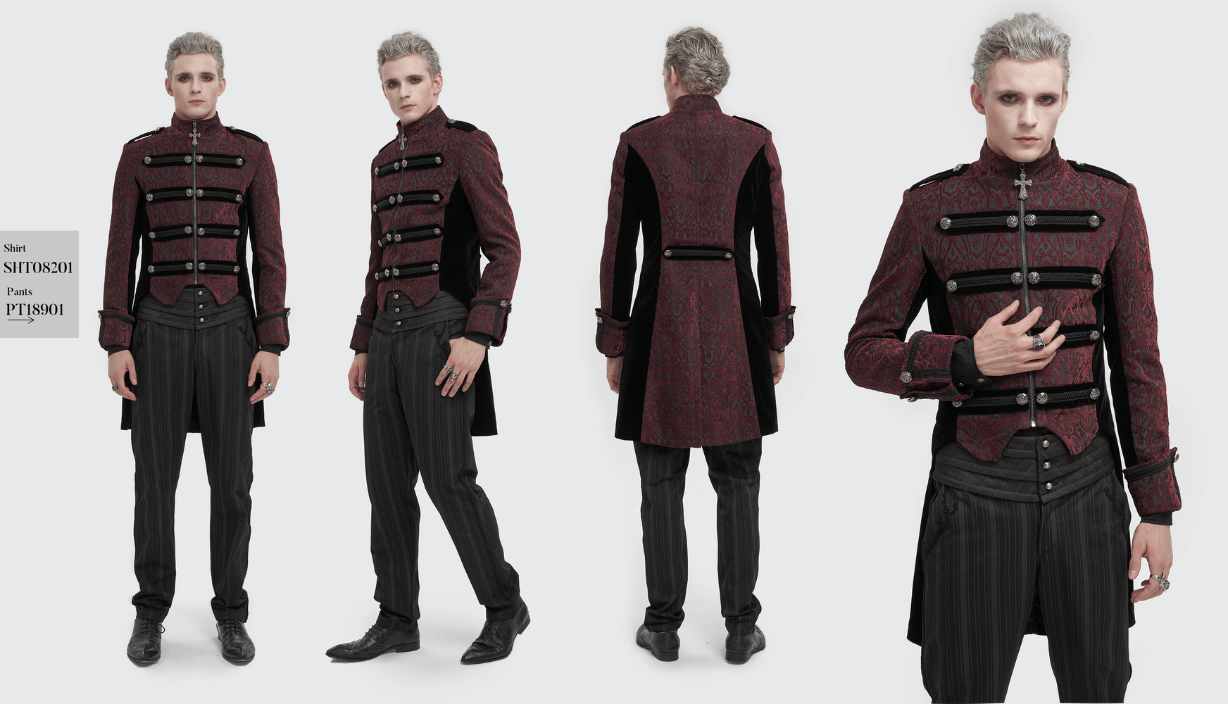 Men's vintage patterned tailcoat in gothic style with cross pendant zipper, perfect for a fashionable gothic wardrobe.