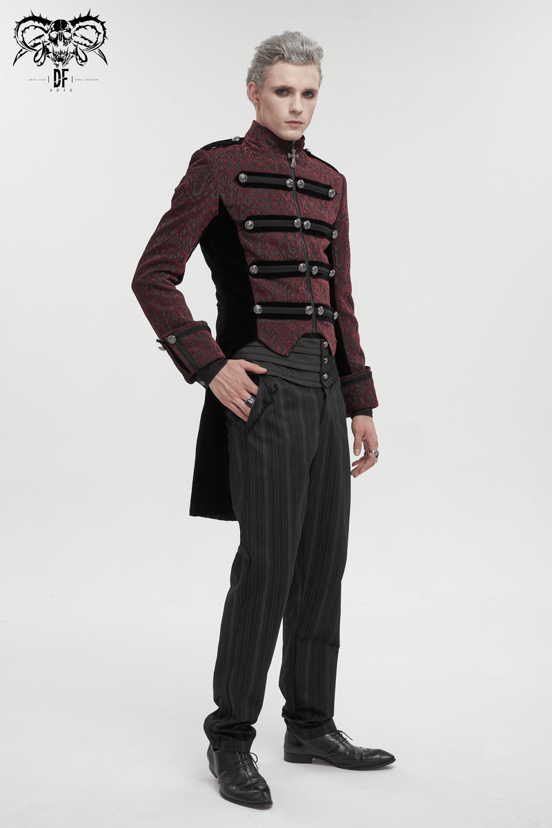 Men's vintage gothic tailcoat with patterned design and unique cross pendant zipper.