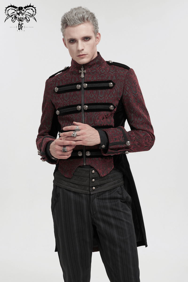 Stylish model in a vintage patterned tailcoat for men with gothic design and cross pendant zipper.