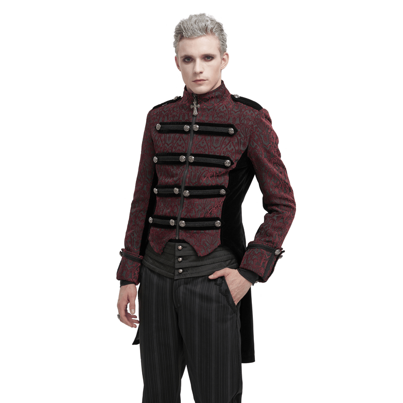 Vintage Patterned Tailcoat for Men / Gothic Stand Collar Coat with Cross Pendant Zipper