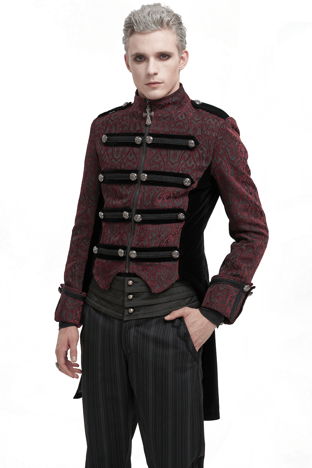Men's vintage patterned tailcoat in gothic style with cross pendant zipper, perfect for an eye-catching gothic wardrobe.