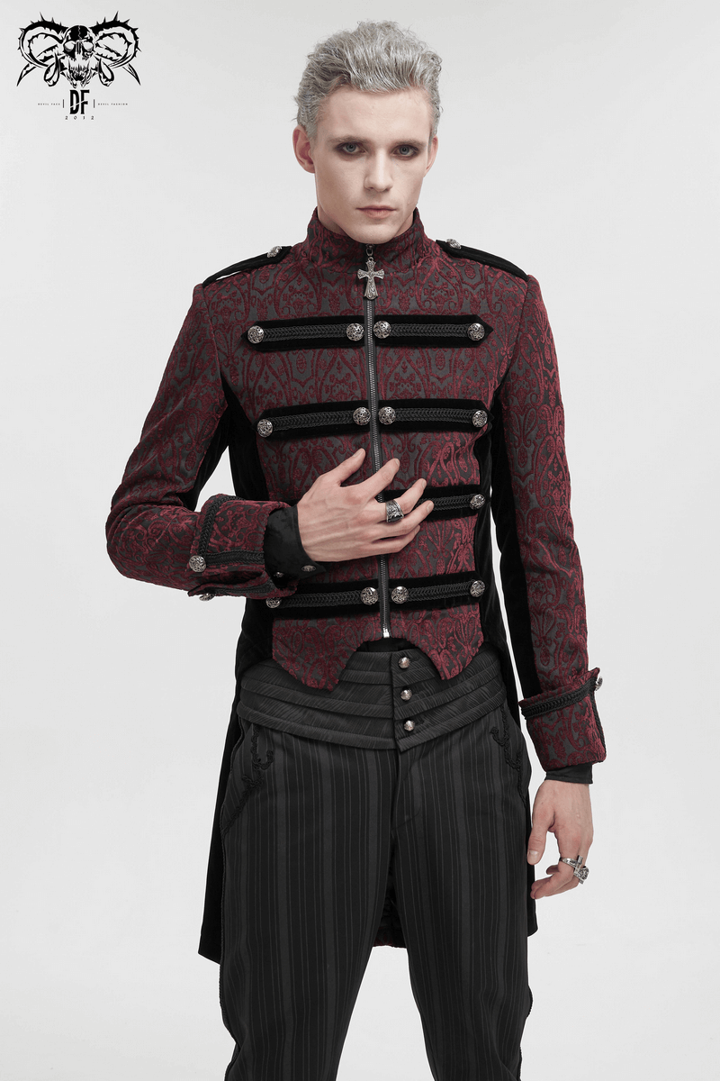 Vintage patterned tailcoat for men featuring a gothic stand collar and cross pendant zipper.