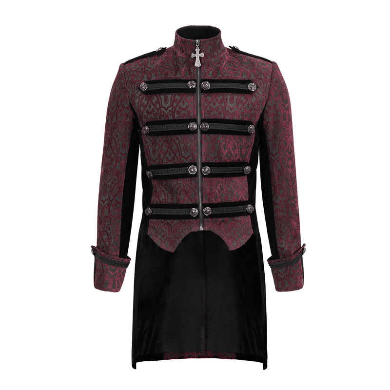 Vintage patterned men's tailcoat with gothic cross pendant zipper and stylish design.