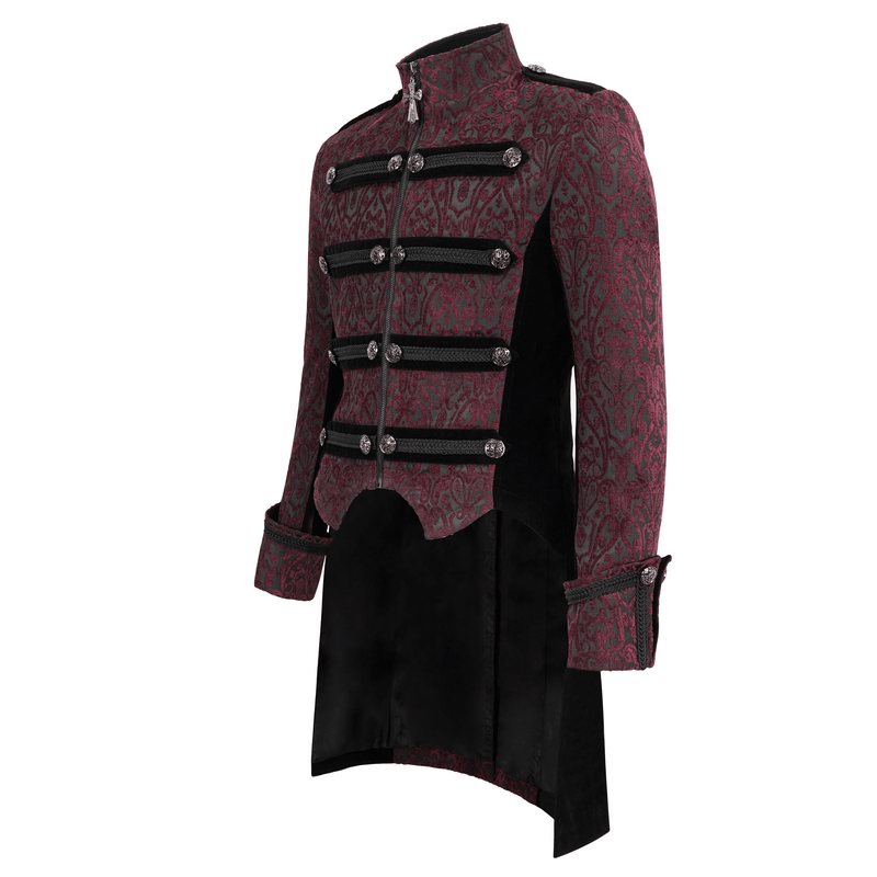 Men's vintage patterned tailcoat with gothic stand collar and unique cross pendant zipper.
