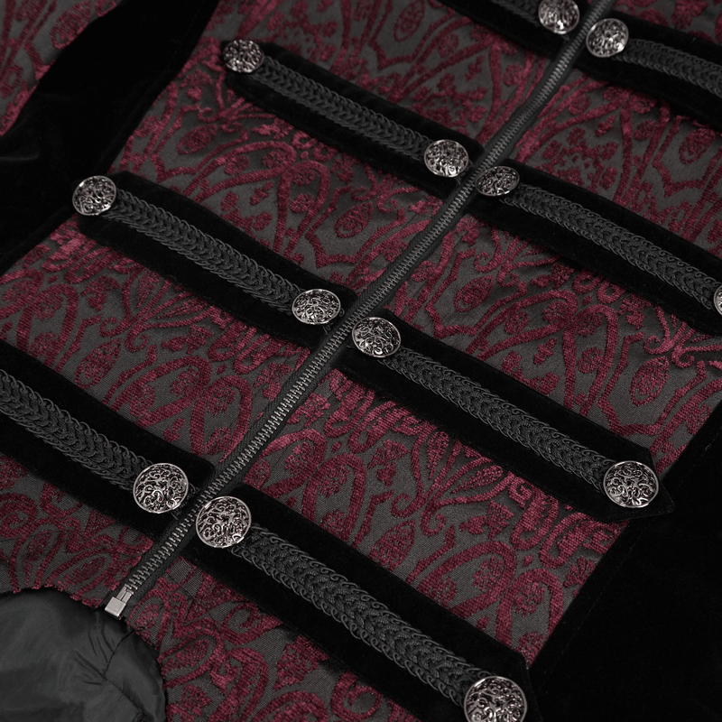 Close-up of vintage patterned tailcoat featuring silver buttons and cross pendant zipper, perfect for gothic style.