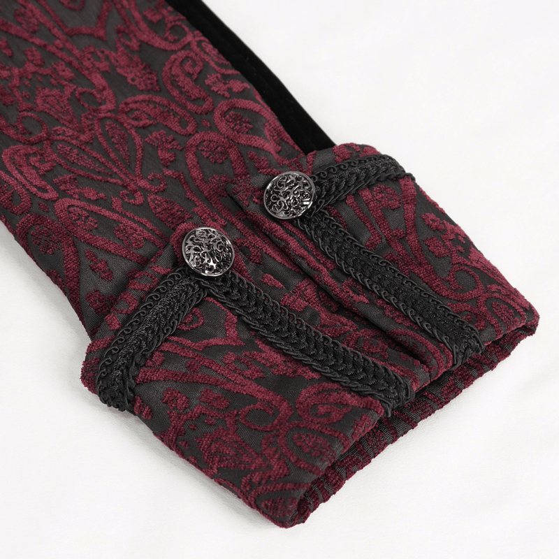 Close-up of vintage patterned tailcoat cuff with decorative buttons, perfect for gothic style fashion.
