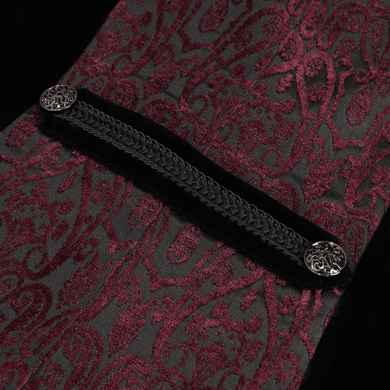 Close-up of a vintage patterned tailcoat showcasing burgundy design and intricate black embellishments.