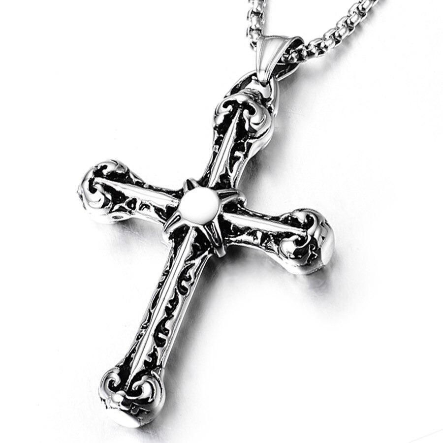 Detailed vintage silver cross pendant necklace with gothic design, suitable for men and women.
