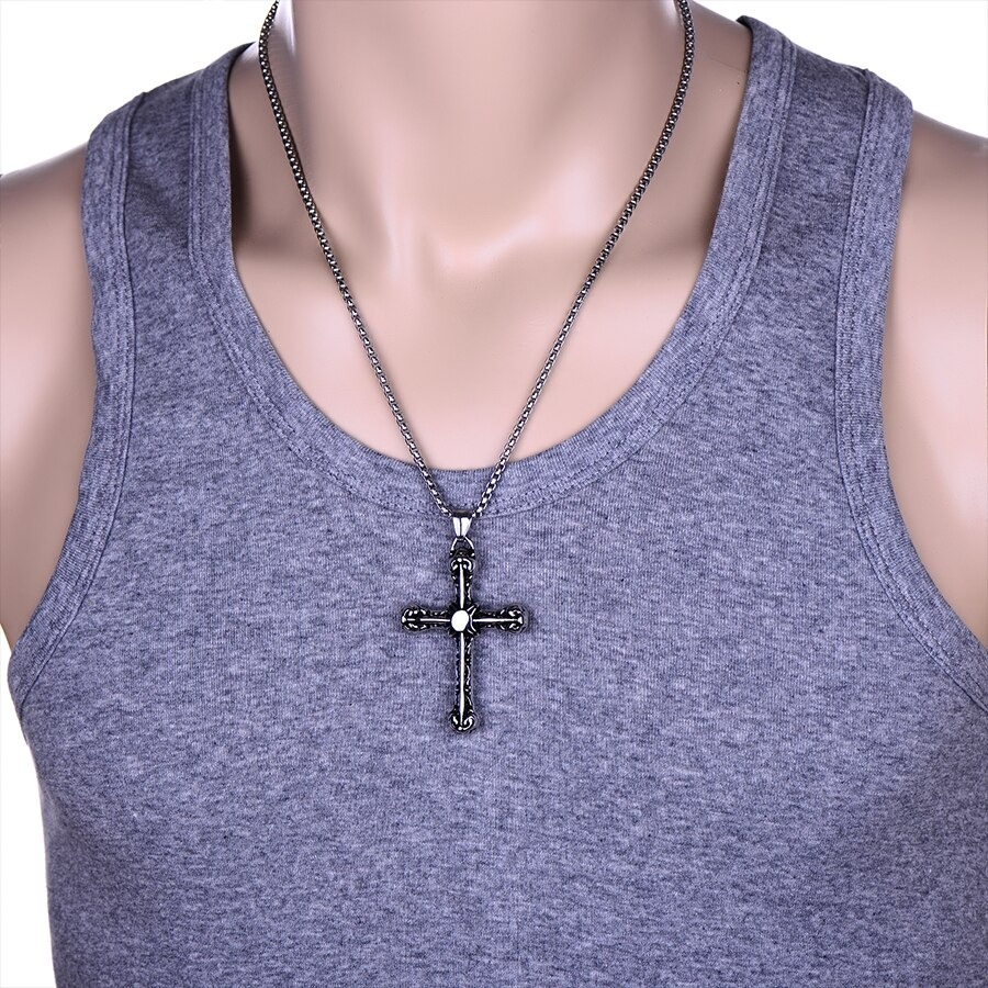 Vintage Gothic silver pendant cross necklace worn on a gray tank top, perfect for men and women.