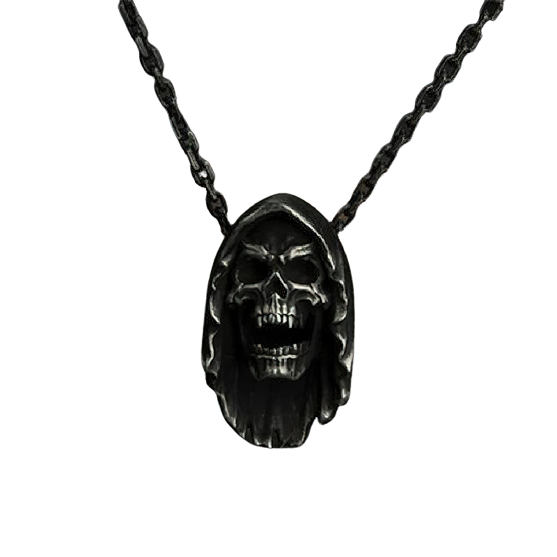 Vintage stainless steel skull pendant necklace in hood, perfect gothic unisex jewelry for stylish outfits.