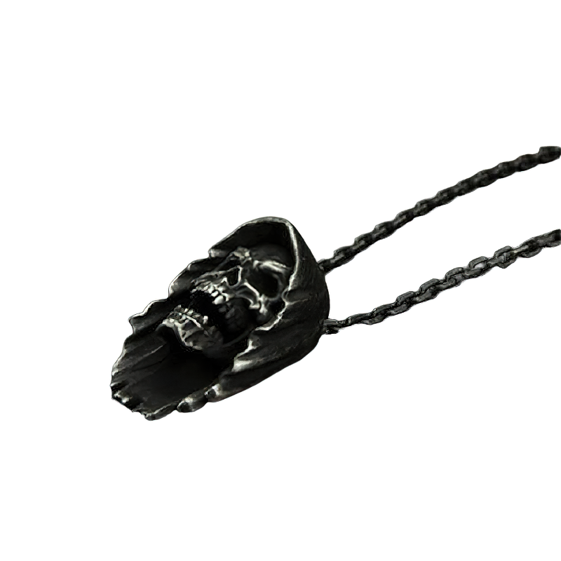Vintage unisex stainless steel necklace featuring a gothic skull pendant in a hood - perfect for edgy fashion lovers.