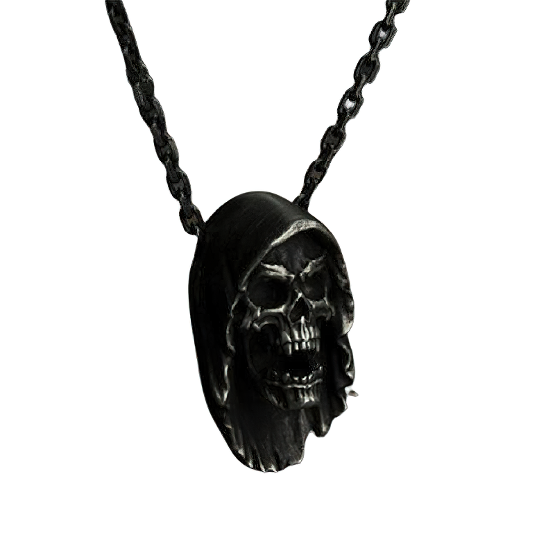 Gothic unisex stainless steel necklace featuring a skull pendant in a hood, perfect for adding a dark edge to any outfit.