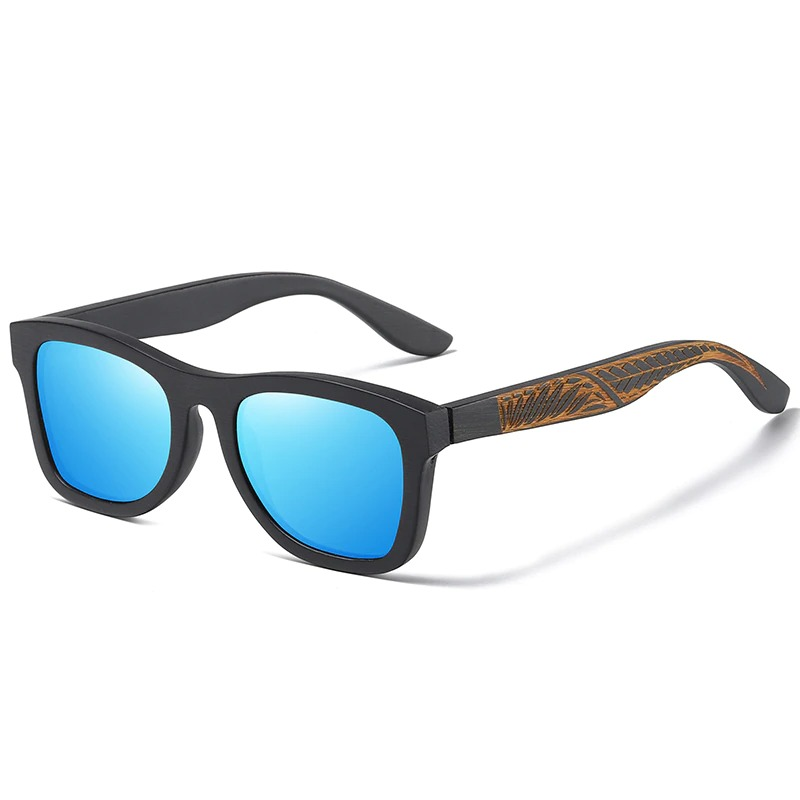 Vintage unisex polarized sunglasses with bamboo wooden frame and blue mirrored lenses, stylish and eco-friendly.