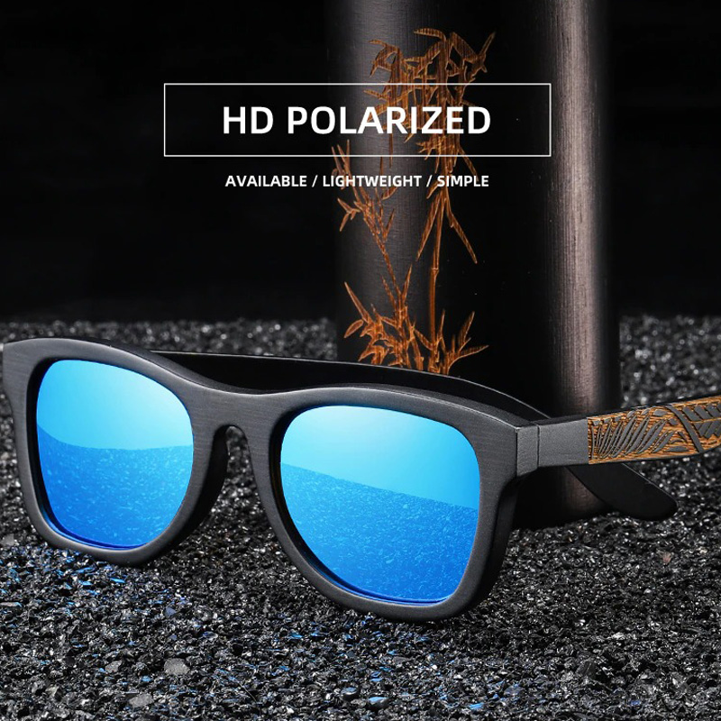Vintage polarized sunglasses with bamboo frame, HD lenses, stylish and lightweight design for unisex wear.